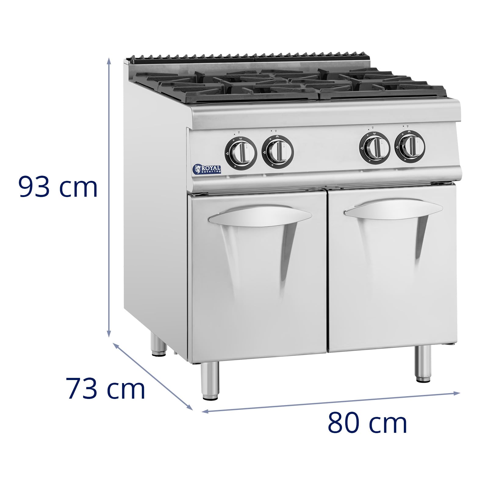 Royal Catering Gasherd mit Unterschrank 14,3 kW 4 Brenner Edelstahl entnehmbare Brennermulden Injektoren zum Umrüsten Propangas LPG Erdgas Flammensperre Dunstabzug Gas-Standherd Propangasherd