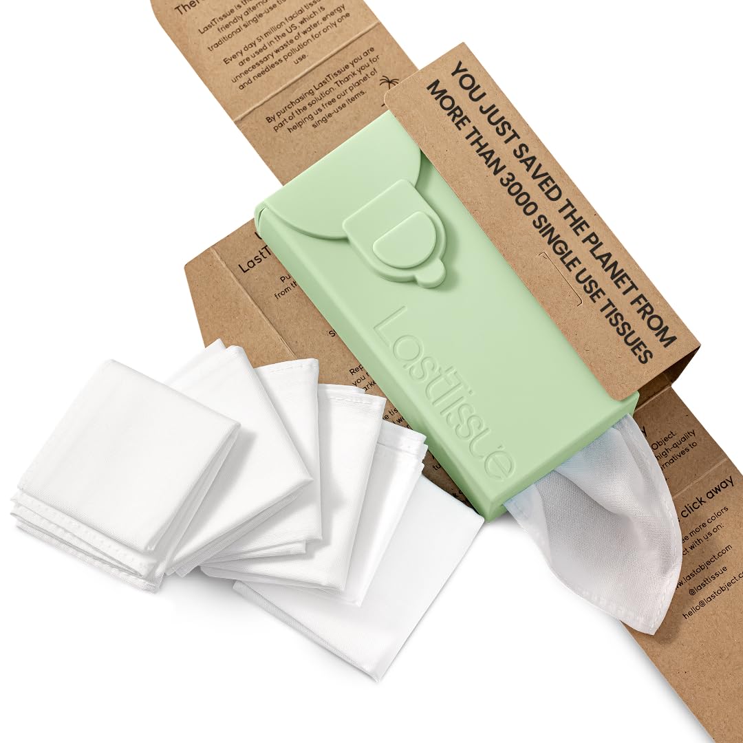 – Reusable Cotton Tissue Pack | Face Towels & Handkerchiefs for Men & Women – Washable, Sustainable Facial Tissue with Storage Case - Green