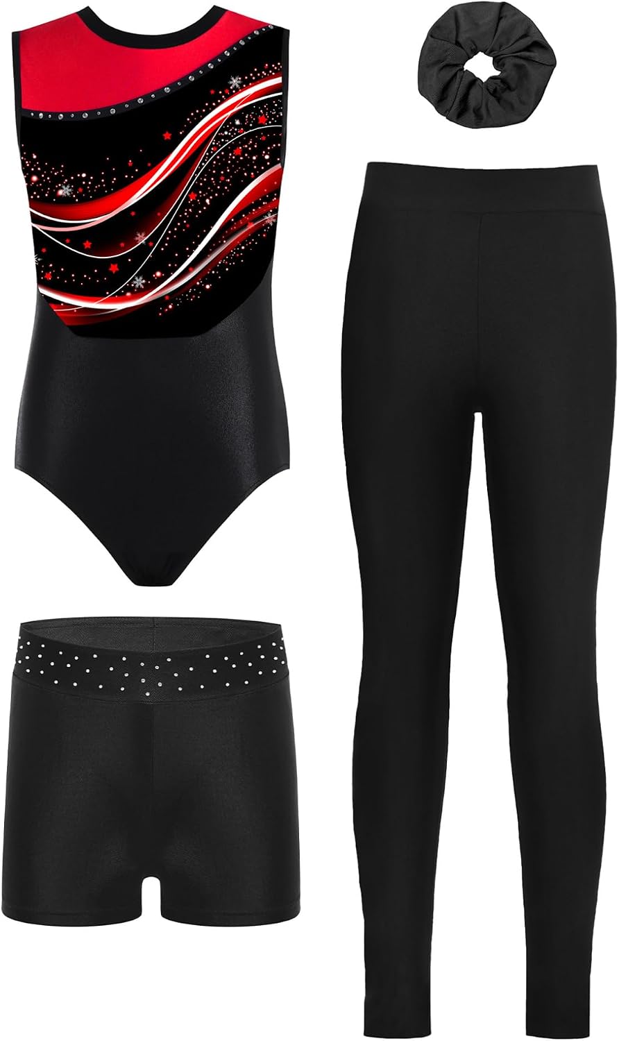 Freebily Gymnastics Leotard for Girls with Shorts Leggings Hairband Sleeveless Active Unitard Ballet Dance Outfit