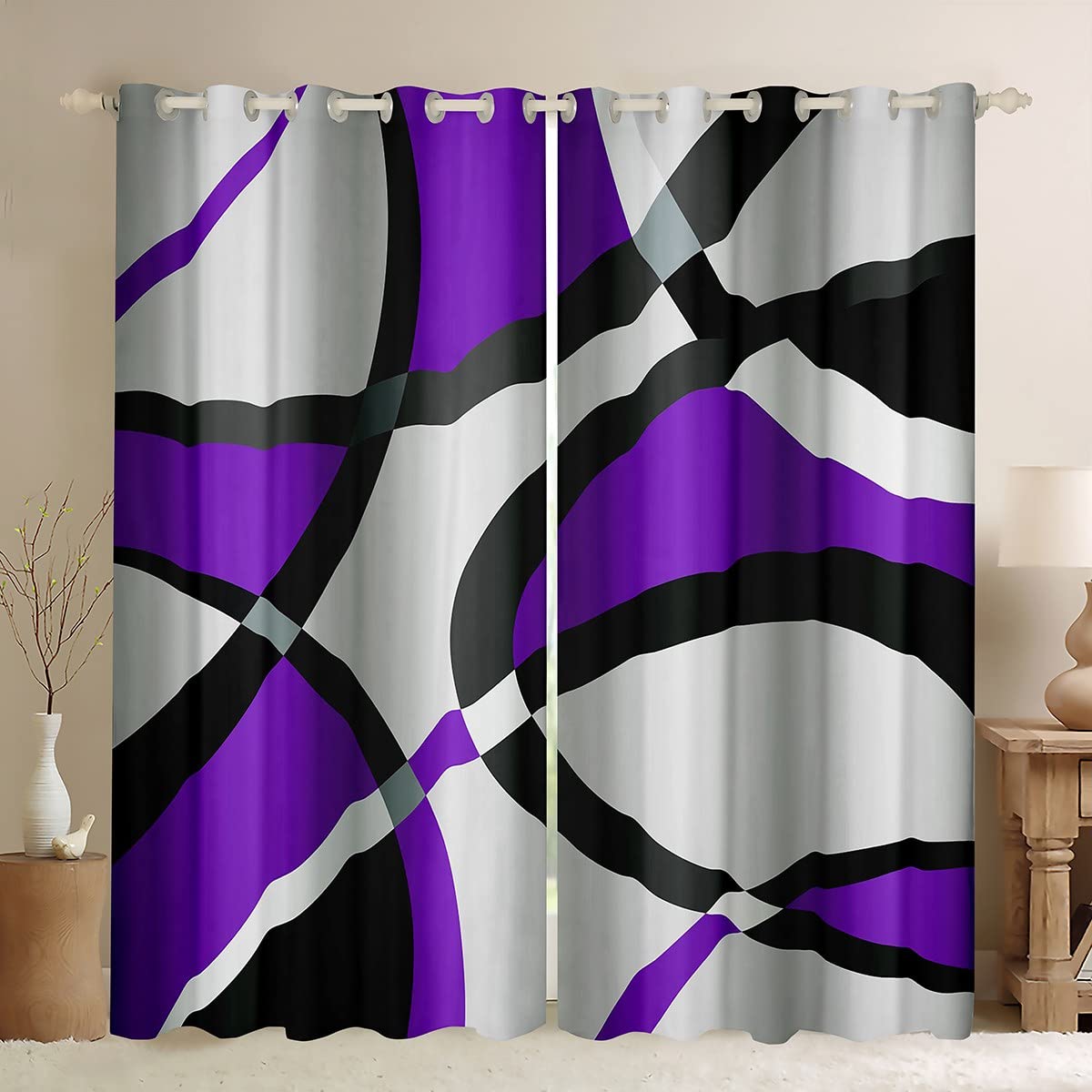 Purple and White Abstract Blackout Curtains Geometric Circle Swirl Window Curtains Retro Stripe Swirl Darkening Dreapes Modern Geometric Window Treatments W46*L54 — image 1
