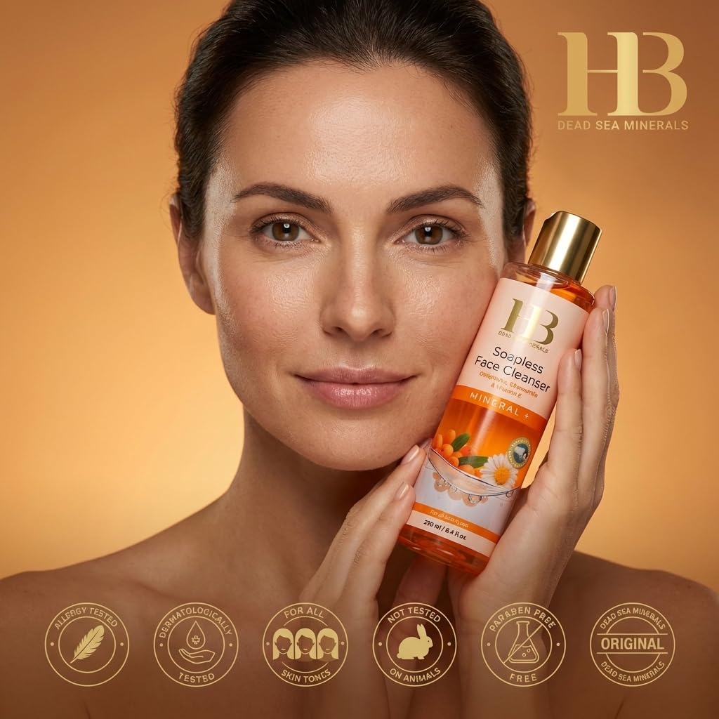 HB Dead Sea Minerals Soapless Face Cleanser with Sea Buckthorn, Chamomile & Vitamin E, Gentle Daily Facial Cleanser, Removes Dirt, Makeup & Excess Oil, Suitable for All Skin Types, 250 ml / 8.4 fl oz