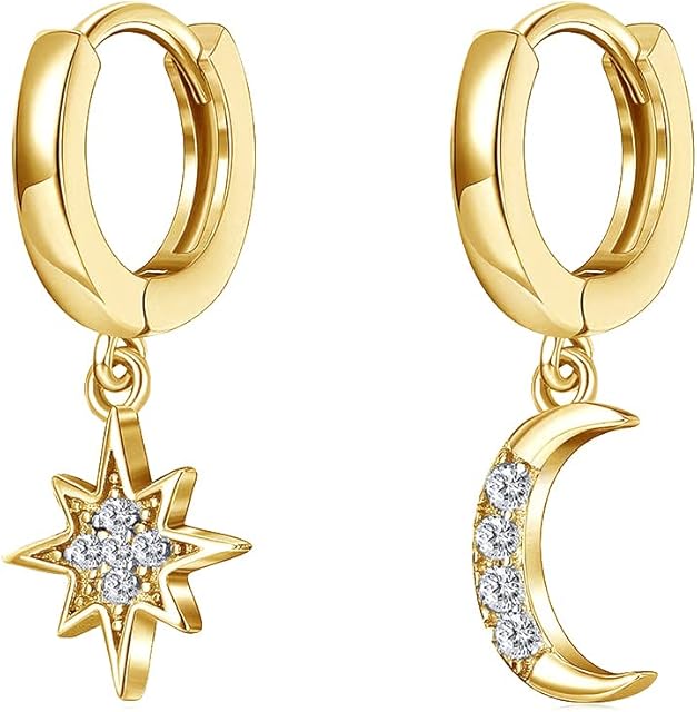 Amazon Brand HIKARO Personality Asymmetric Crystal Star Drop Earrings Delicate Joker Moon Style Women Earrings Jewelry