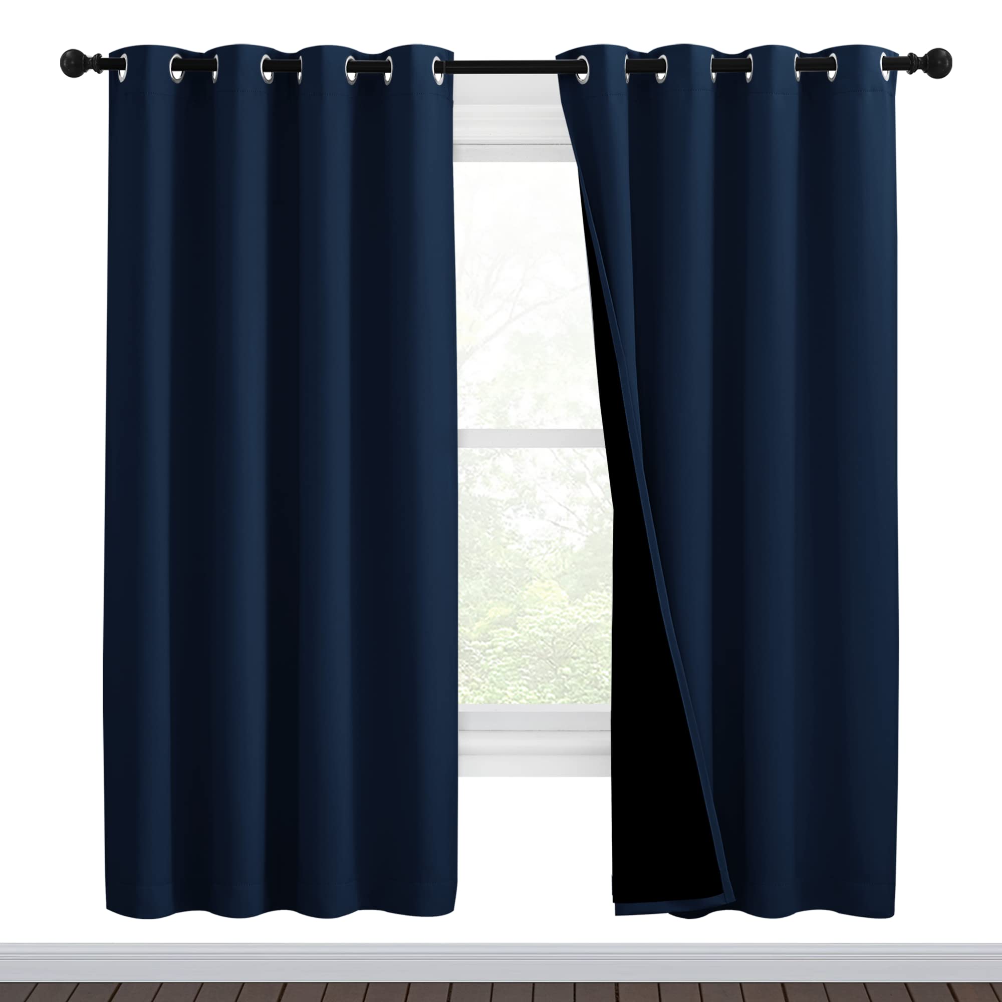 NICETOWN Complete 100% Blackout Curtain Set, Thermal Insulated &amp; Energy Efficiency Window Draperies for Guest Room, Full Shading Panels for Shift Worker and Light Sleepers, Navy Blue, 46W x 72L, 2 Pcs