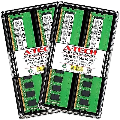 A-Tech Server 64GB Kit (4x16GB) DDR4 2666MHz PC4-21300 ECC UDIMM 2Rx8 Dual Rank 1.2V ECC Unbuffered DIMM 288-Pin Server & Workstation RAM Memory Upgrade Modules (A-Tech Enterprise Series)