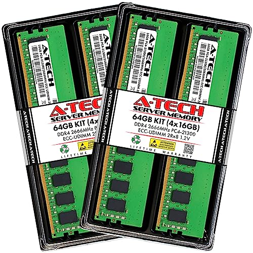 A-Tech Server 64GB Kit (4x16GB) DDR4 2666MHz PC4-21300 ECC UDIMM 2Rx8 Dual Rank 1.2V ECC Unbuffered DIMM 288-Pin Server & Workstation RAM Memory Upgrade Modules (A-Tech Enterprise Series)