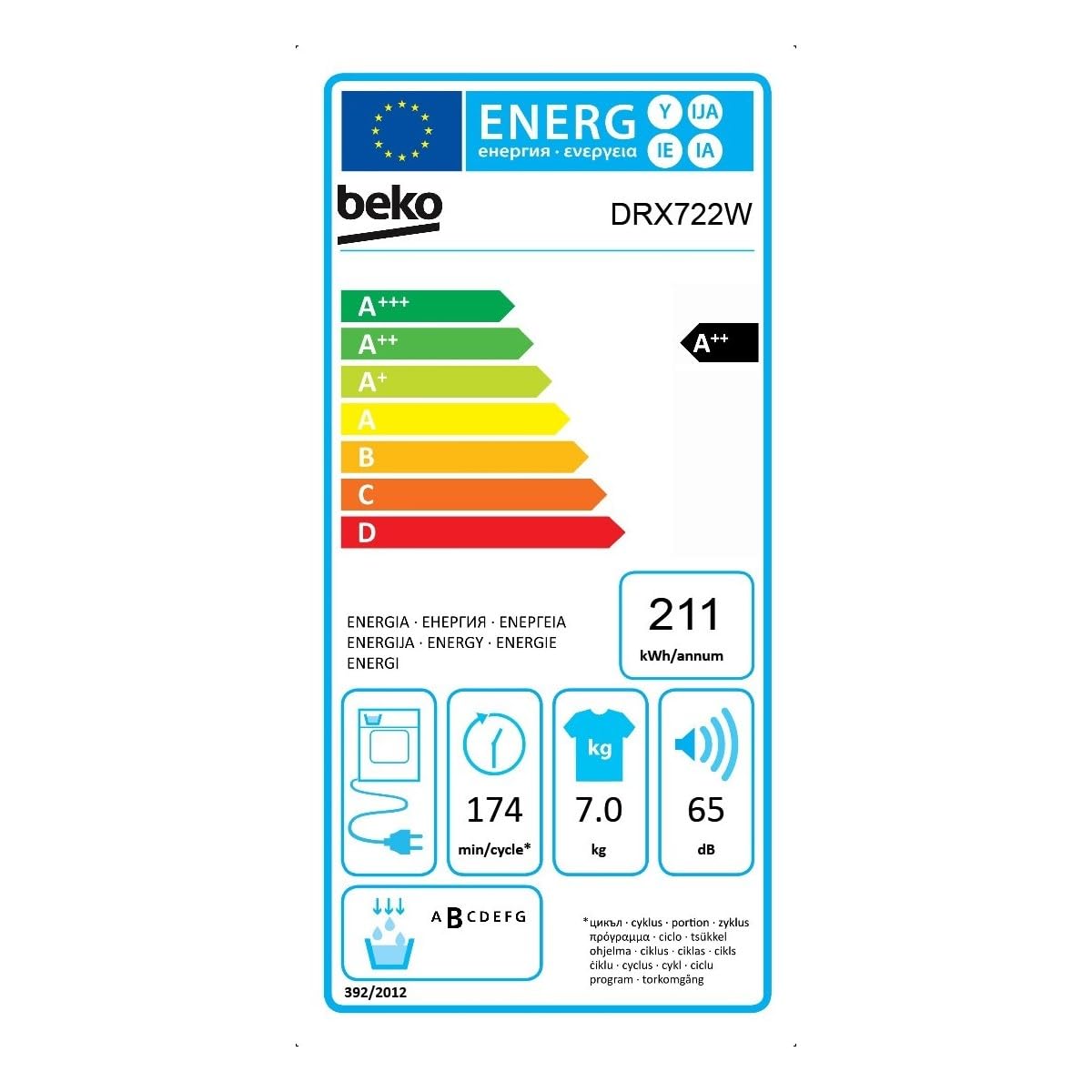 Beko - DRXS722W - Asciugatrice Slim 7kg, Classe A++, linea estetica Basic, Display Digit, oblò bianco con manopola bianca, Partenza ritardata 0-24h, Dimensioni AxLxP: 84,7x59,7x50,8cm