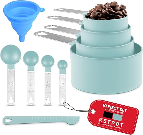 Juego de 10 tazas y cucharas medidoras, tazas y cucharas apilables, tazas medidoras anidables y cucharas medidoras con mango de acero inoxidable,