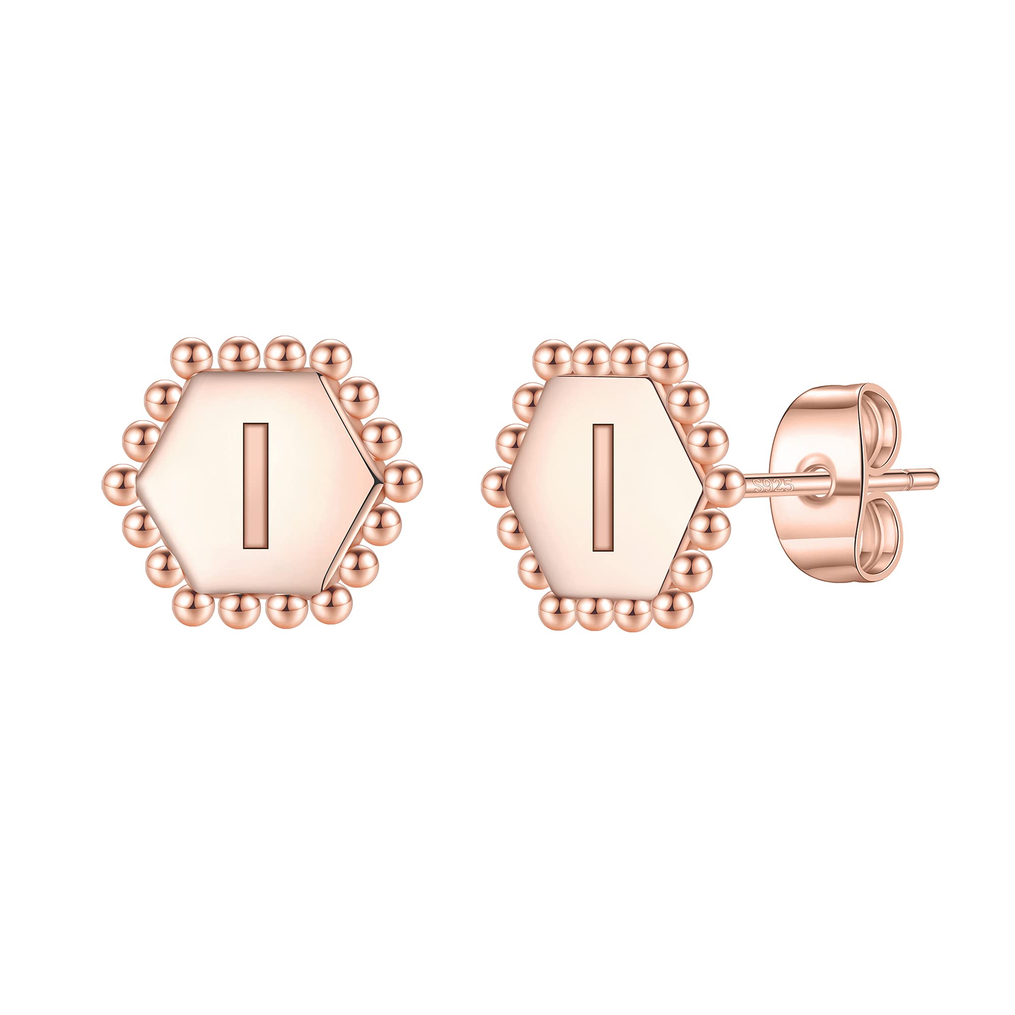 Initial Stud Earrings for Girls, S925 Sterling Silver Post Alphabet Heart Disc Hexagon Earrings Gold Plated Hypoallergenic Initial Earrings Toddler Earrings for Girls Kids Sensitive Ears