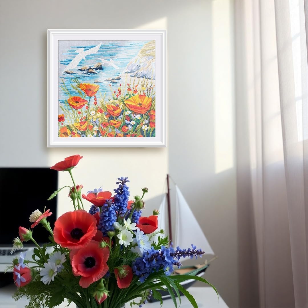 RTO Counted Cross Stitch Kit Seagulls Over The sea CU101 Adults, Zweigart Aida Fabric with DMC Thread, DIY Embroidery kit, 40x40 cm / 16"x16"