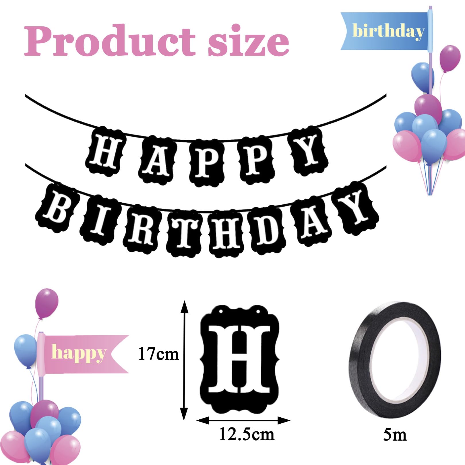 Happy Birthday Banner – Schwarze Wimpelkette Zum Aufhängen Für Geburtstagspartys