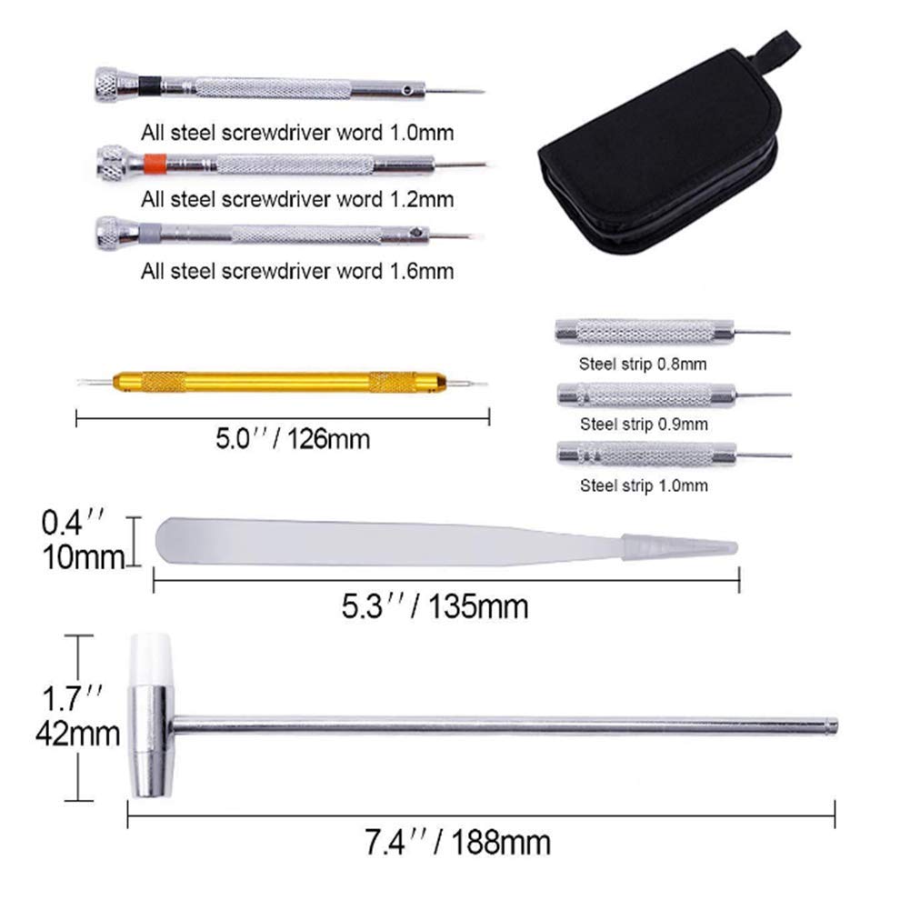 Uhrenreparaturset, Uhrenbatterie-Austauschwerkzeug, Gliederentferner, Uhrenarmband-Werkzeugset mit Tragetasche, Uhrengehäuseöffner, Federstegwerkzeuge for die Uhrenreparatur