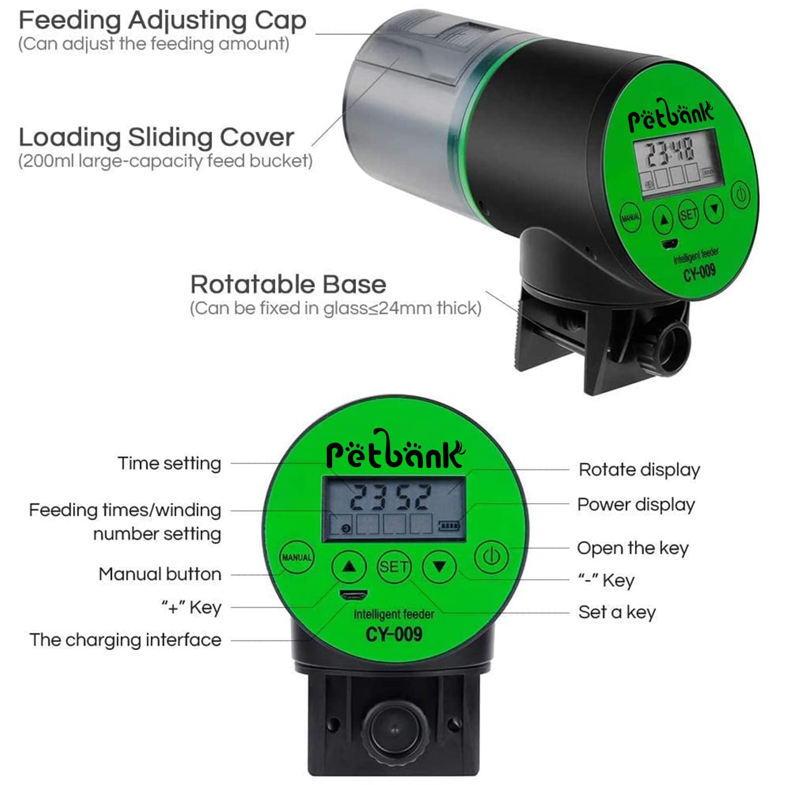 Petbank Distributeur Nourriture Poisson Aquarium - Timer Rechargeable avec Câble de USB Charger, Distributeur Automatique Aquarium avec Ecran LCD, Distributeur Nourriture Tortue,Vert - 4