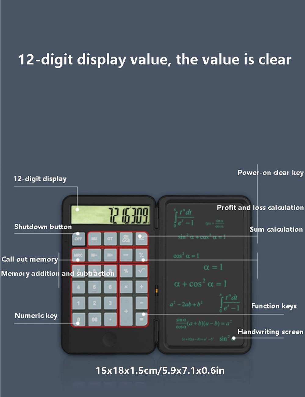 Creative Hand-held Calculator,12-Digit Display,Big Gray Buttons,Portable,with Writing Board,Type-C Charging,Business Office Exam Gift (Color : Pink)
