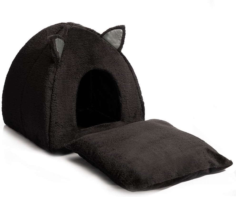 Hollypet Pet Bed, Self-Warming 2 in 1 Cat Tent Cave for Kittens and Small Dogs, 16 x 16 x 17 inches Triangle Feline House Hut with Washable Cushion for Indoor Outdoor, Black