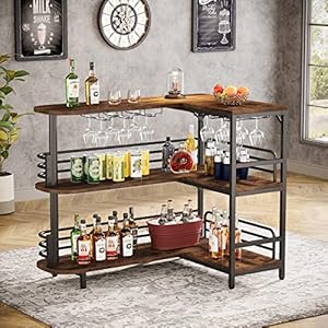 Tribesigns L-Shaped Home Bar Unit, 3 Tier Liquor Bar Table with Storage Shelves and Wine Glasses Holder, Industrial Corner Wine Bar Cabinet Mini Bars for Home Kitchen Pub, Rustic Brown Tribesigns L Shaped Home Bar Unit 3 Tier Liquor Bar Table with Storage Shelves and Wine Glasses Holder Industrial Corner Wine Bar Cabinet Mini Bars for Home Kitchen Pub Rustic Brown