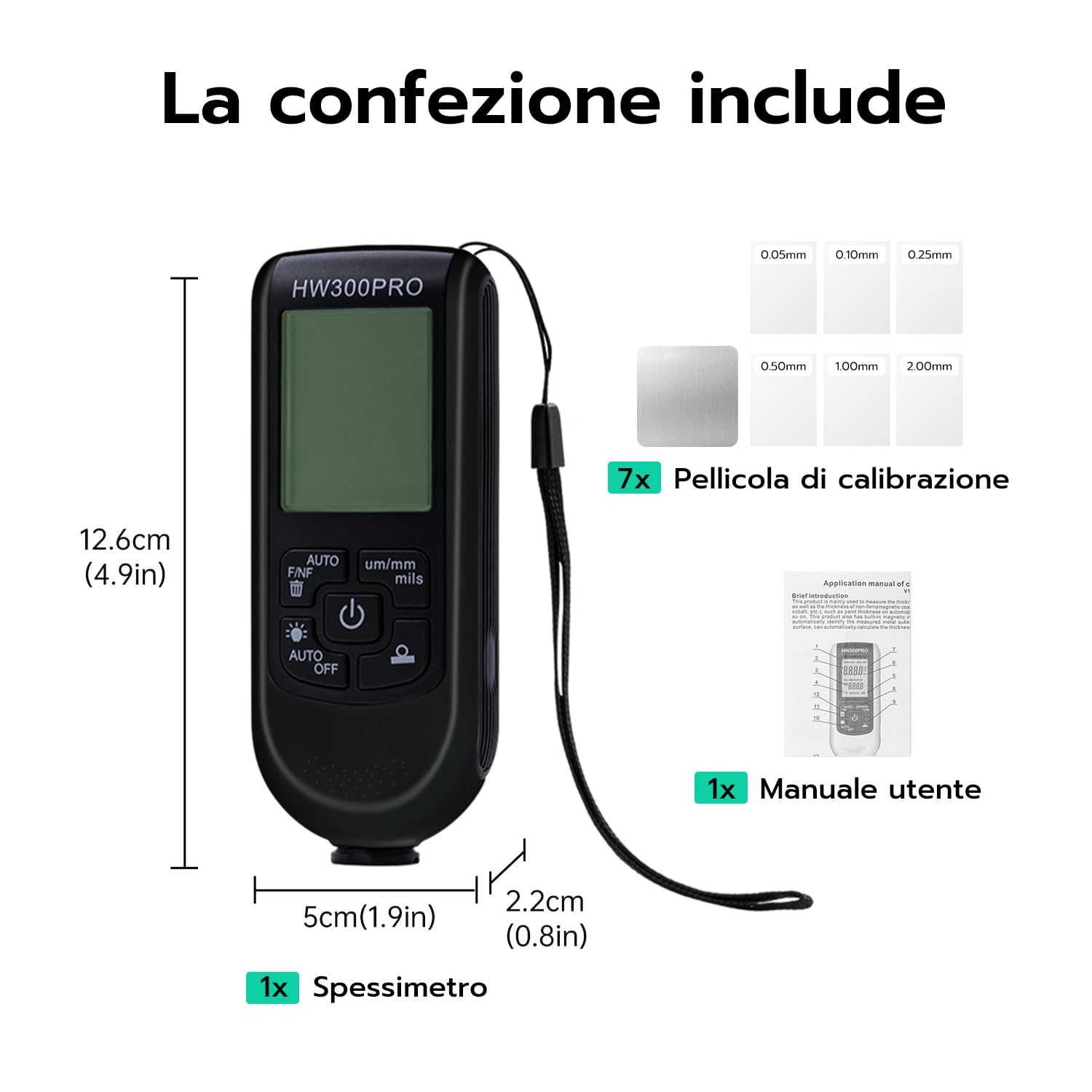 Misuratore di Spessore del Rivestimento Digitale, Spessimetro Vernice 0-2000 um, Display LCD Nero