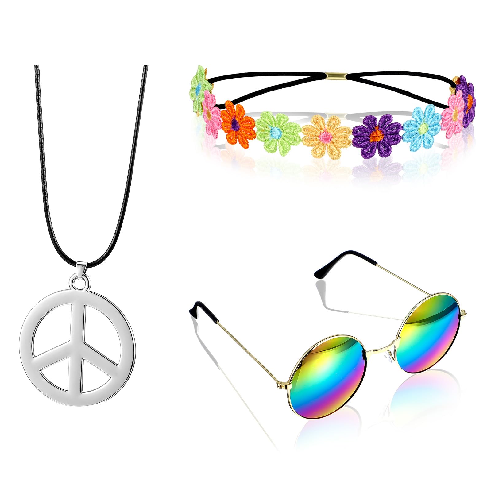 YUXIANLB Retro Halloween Hippie Costume Accessories Set, Vintage Peace Sign Necklace, Round Sunglasses, Boho Flower Headband for 60s 70s Theme Parties, Music Festivals, Photo Shoots, Hippie Outfit