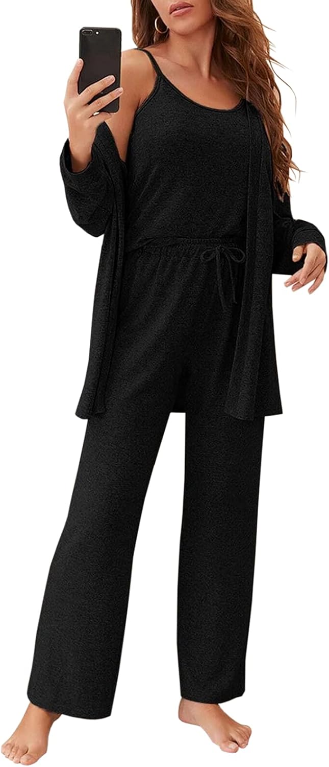 Fessceruna Womens 3 Piece Pajama Set Cami Tank Top Wide Leg Pants and Cardigan Loungewear Lounge Sets