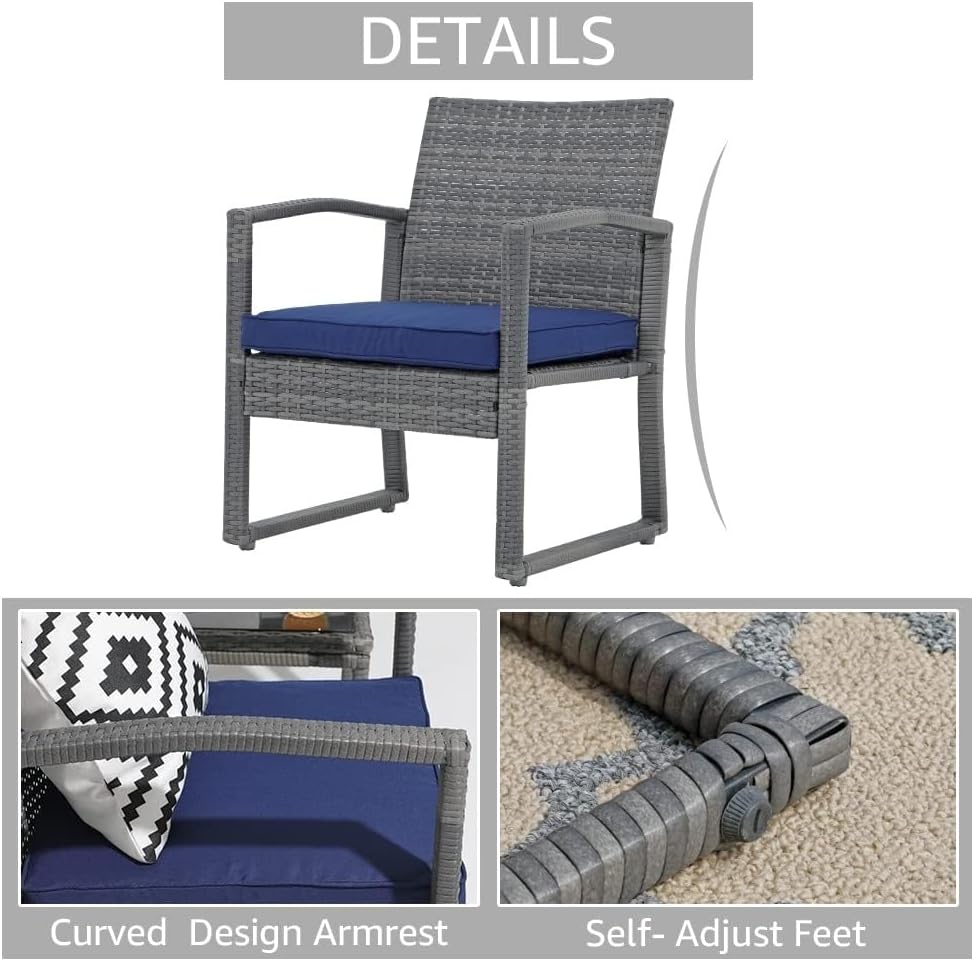 3 Pieces Outdoor Patio Furniture Set Wicker Conversation Sets Rattan Chair Modern Bistro with Coffee Table for Backyard Porch Balcony Poolside Garden(Blue)