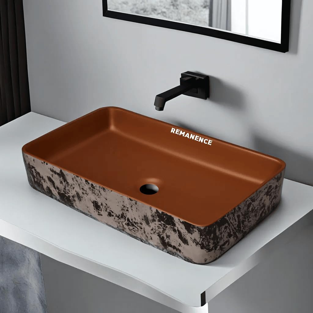 REMANENCE Designer Table Top Wash Basin For Bathroom | Ceramic Bathroom Sink | Wash Basin Over Counter Bathroom Basin (24 x 14 x 4 Inch) (Brown N White Black SL 51)