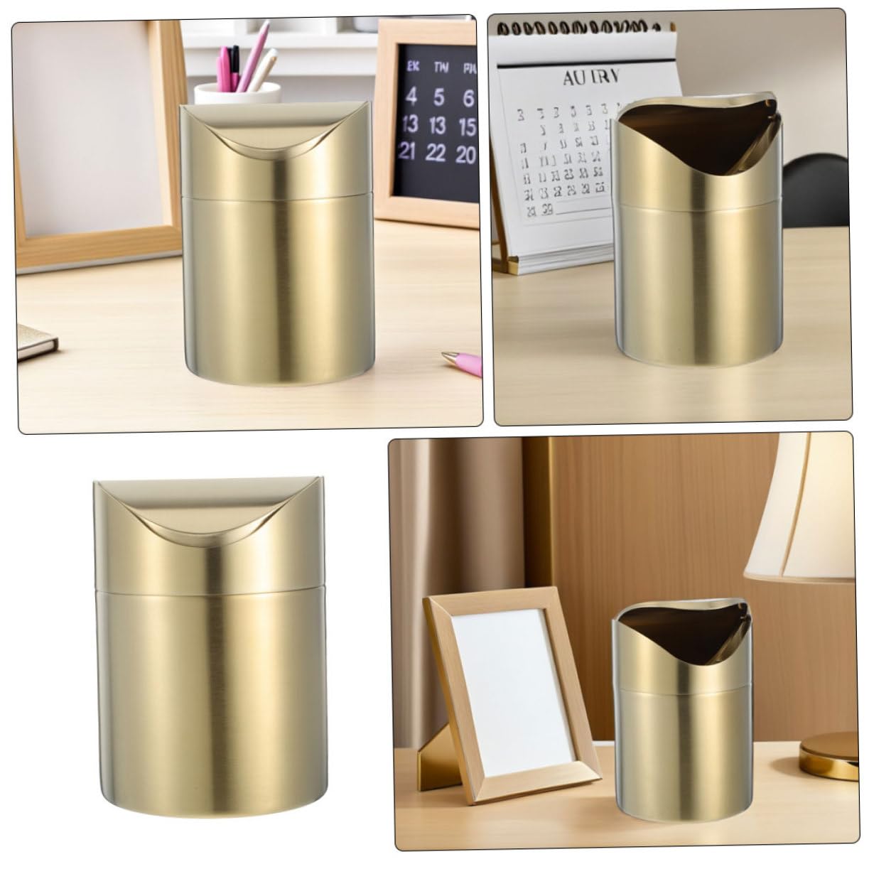 2 Stück Mini Mülleimer aus Edelstahl mit Schwingdeckel Kompakter Tisch Abfalleimer für Büro Auto Schlafzimmer Geruchsdicht Platzsparend Multifunktional als Aufbewahrungsbehälter