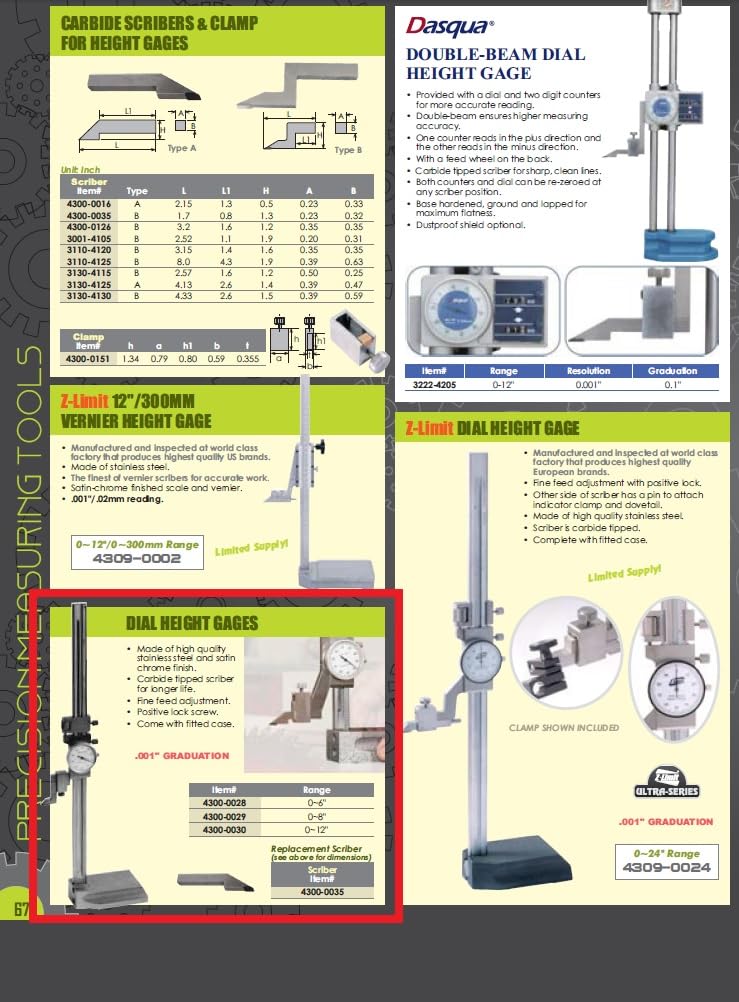 HHIP 4300-0028 Stal nierdzewna Dial Height Gage, rozmiar 0-6"