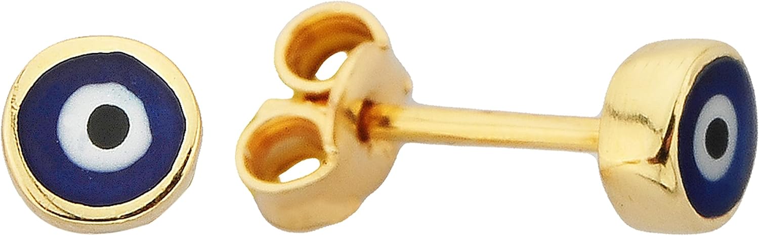 Evil Eye Stud Earrings Lucky Luck Nazar Protection For Women Jewelry 14K Yellow Gold Tiny Charm Dainty Turquoise or Navy Blue, 14K Yellow Gold Evil Eye Stud Earrings For Women, Turkish Eye Earrings