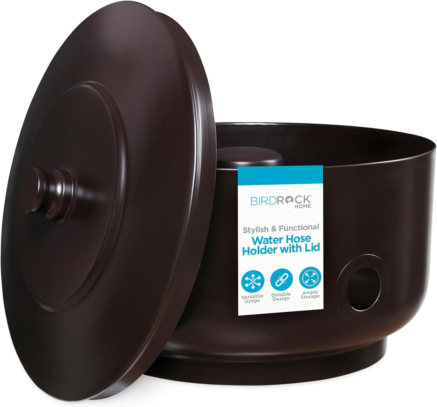 BIRDROCK HOME Decorative Footed Water Hose Holder Pot with Lid | Holds 100ft Hose | Ground Garden Box | Powdered Coated Steel | Metal Hider | Outdoor or Indoor (Oil Rubbed Bronze)