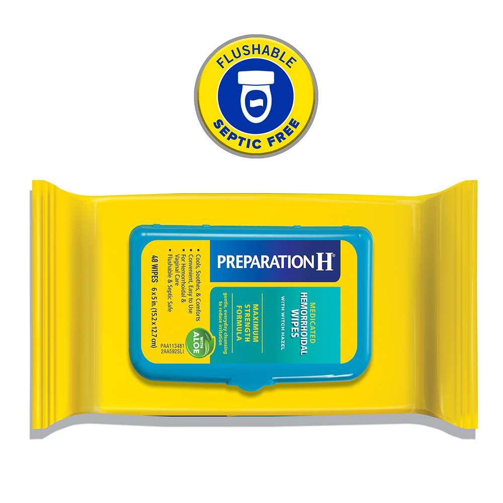 Preparation H (48 Count) Flushable Medicated Hemorrhoid Wipes, Maximum Strength Relief with Witch Hazel and Aloe, Pouch (Pack of 3)