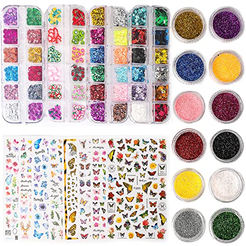 8 Sheets 3D Nail Art Sticker Self-Adhesive,Spearlcable Nail Art Decoration Kit,Holographic Butterfly Glitter Nail Powder,Fruit Nail Art Slices Iridescent Nail Sequins For Acrylic Nail Art Supplies (A) #TOP21