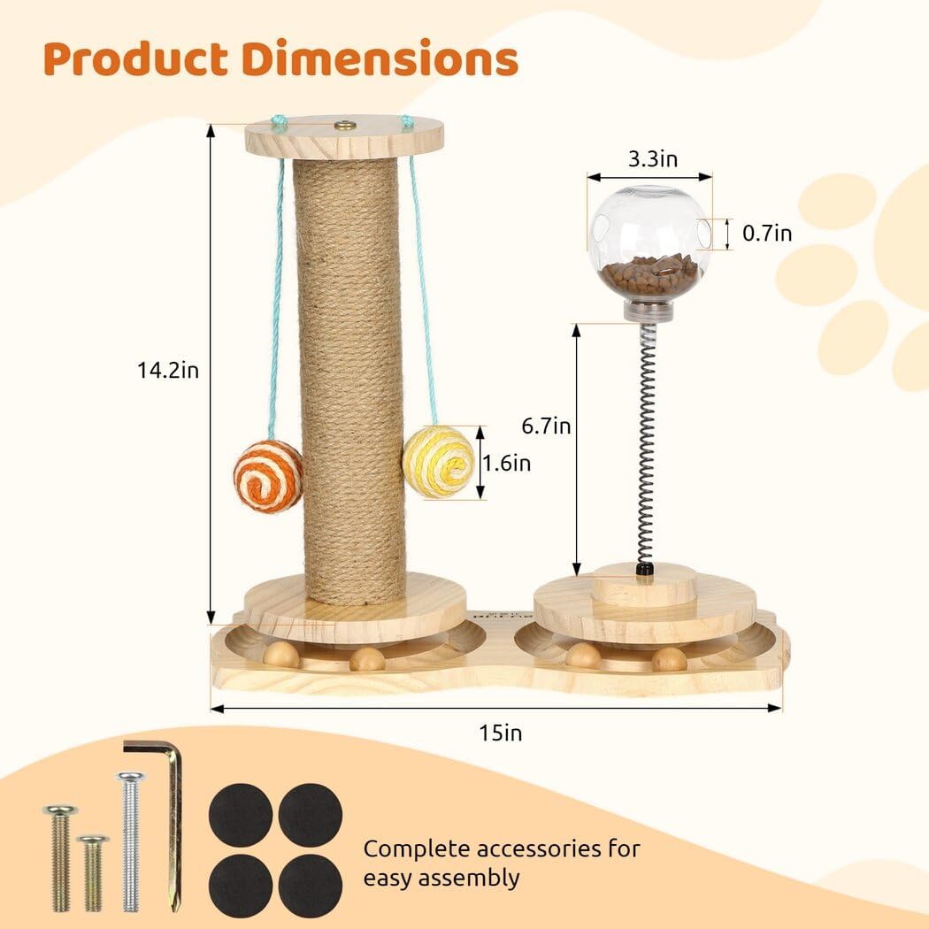 Double Wooden Cat Ball Track with Cat Scratching Post and Interactive Cat Feeder Ball, Teasing Stick Playing Set, Interactive Treat Toy Kit for Indoor Exercise and Playing, 15''x14.2''