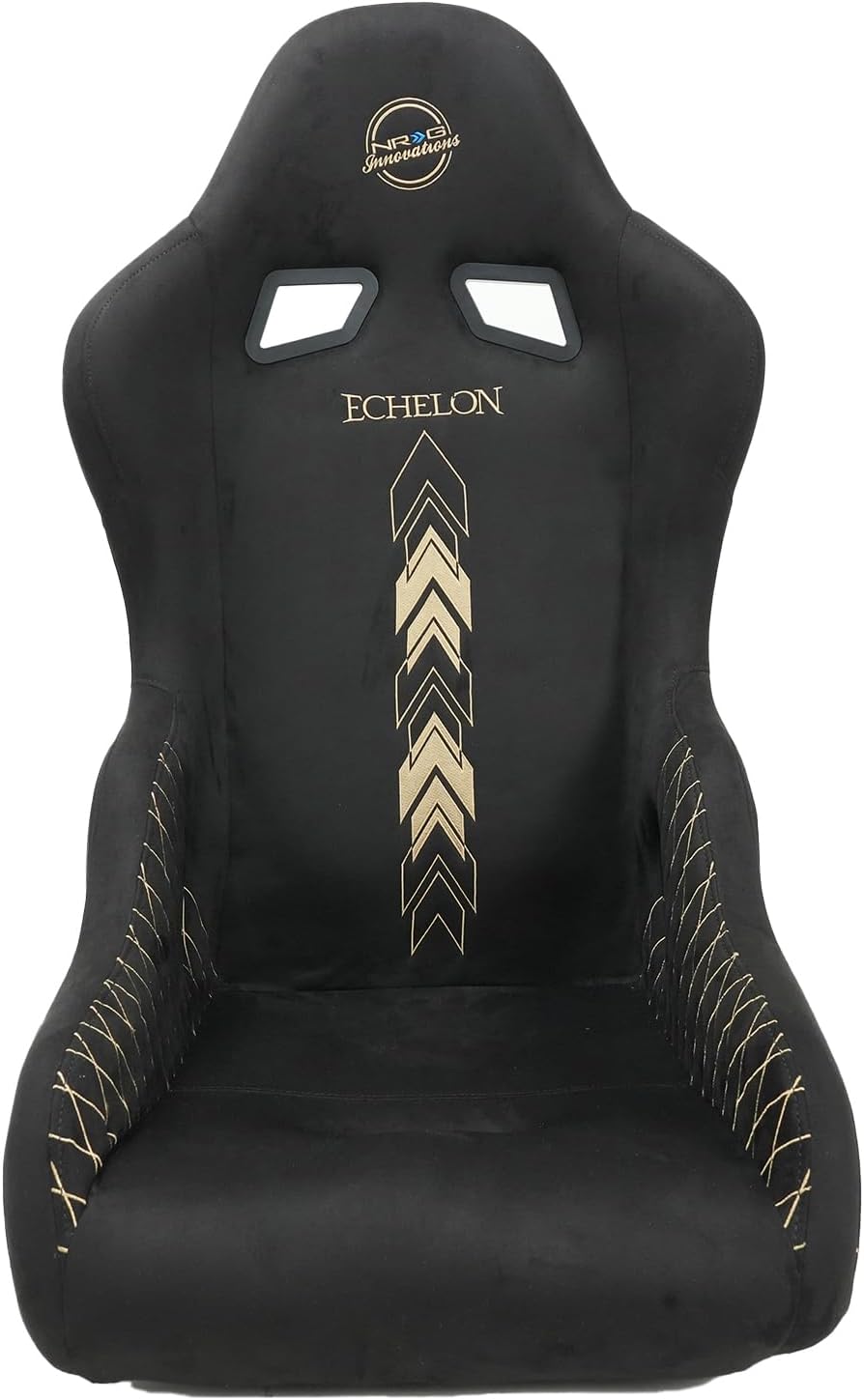 NRG Innovations NRG-FRP-350ECH-GD Universal Fixed Back Bucket Seat, Golden Embroidery Racing Seat, Double Layer FRP Frame w/Single Layer Cushion, Size L