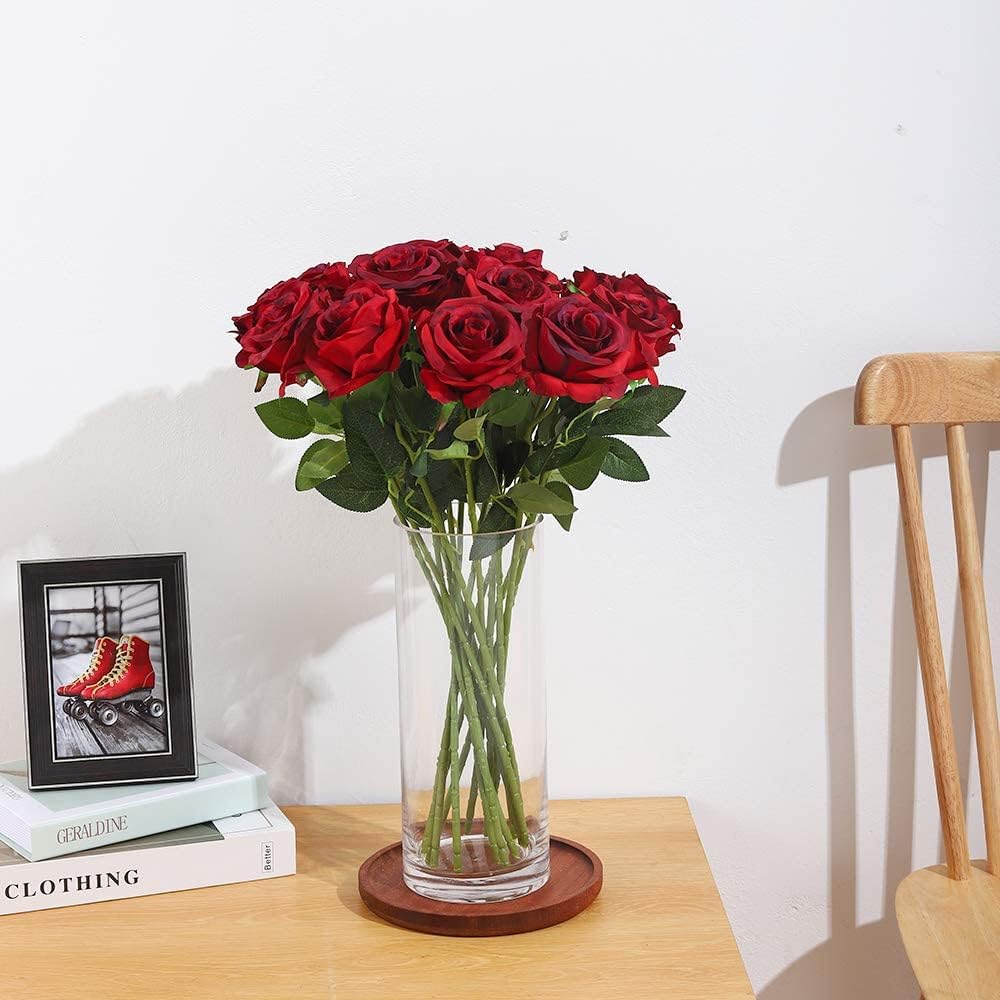 Laelfe 12 PCS Artificial Flowers Roses Silk Flowers Fake Long Stem Artificial Roses for Home Wedding Bathroom Kitchen Decorations (Gradient Burgundy) - Image 5