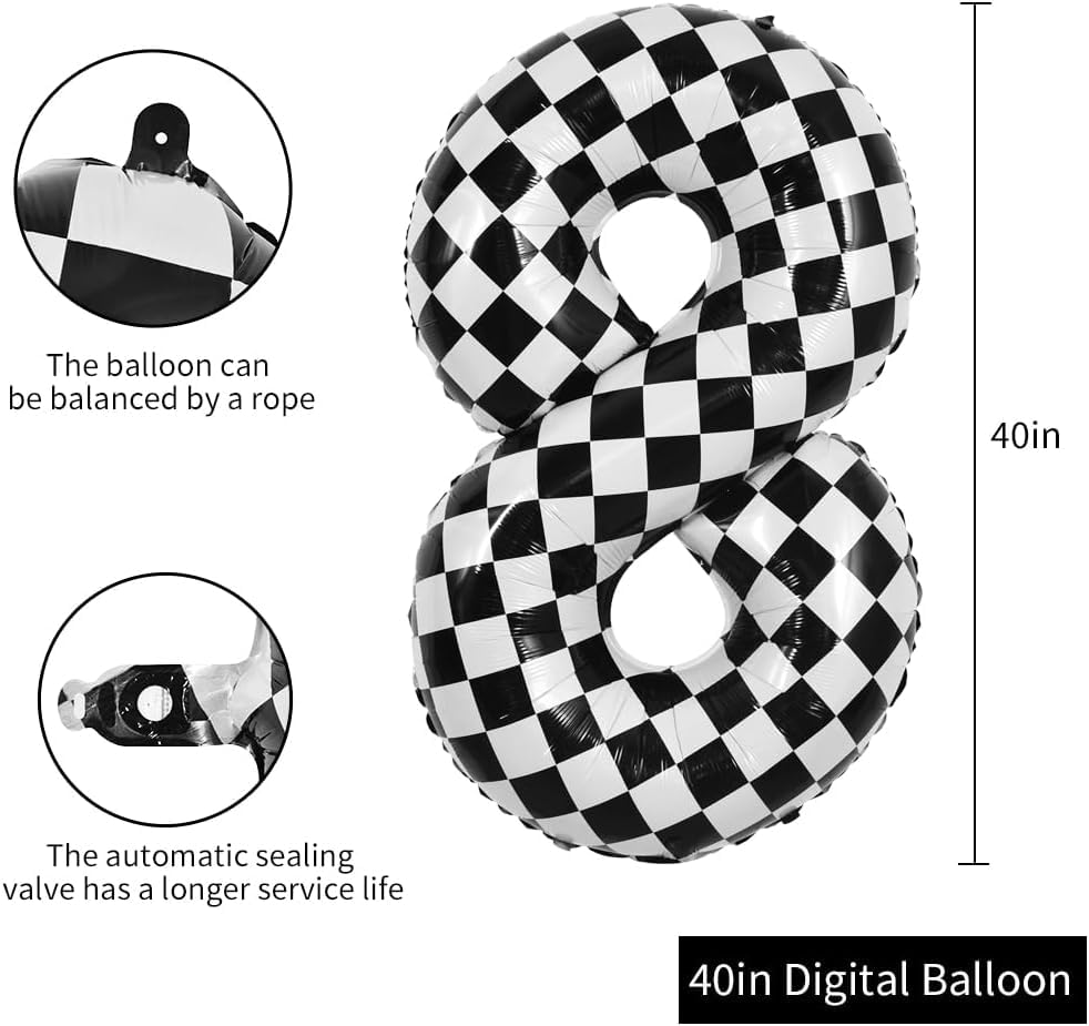 Image of TONIFUL 40 Inch Large Checkered Number 8 Balloon 8th Birthday Decorations