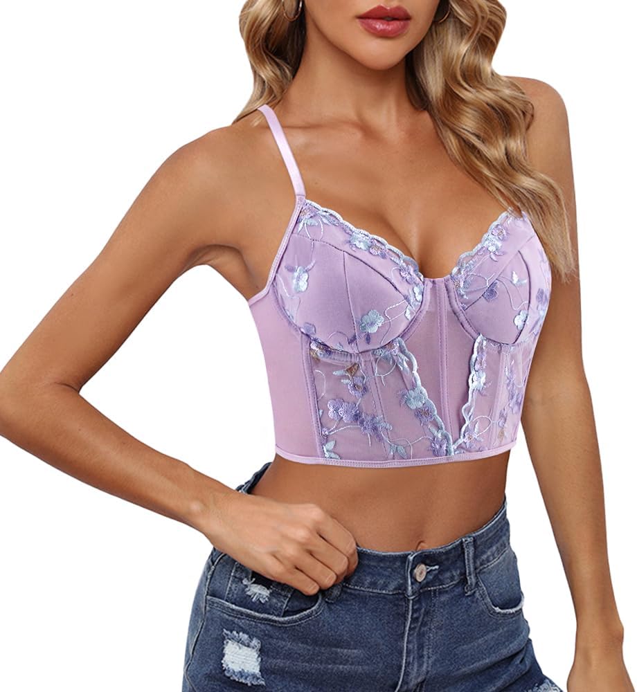 Testudineus Women's Floral Embroidered Crop Top Spaghetti Strap Sleeveless Sexy Sheer Mesh Corset Top Rave Party Top Tee - Image 5