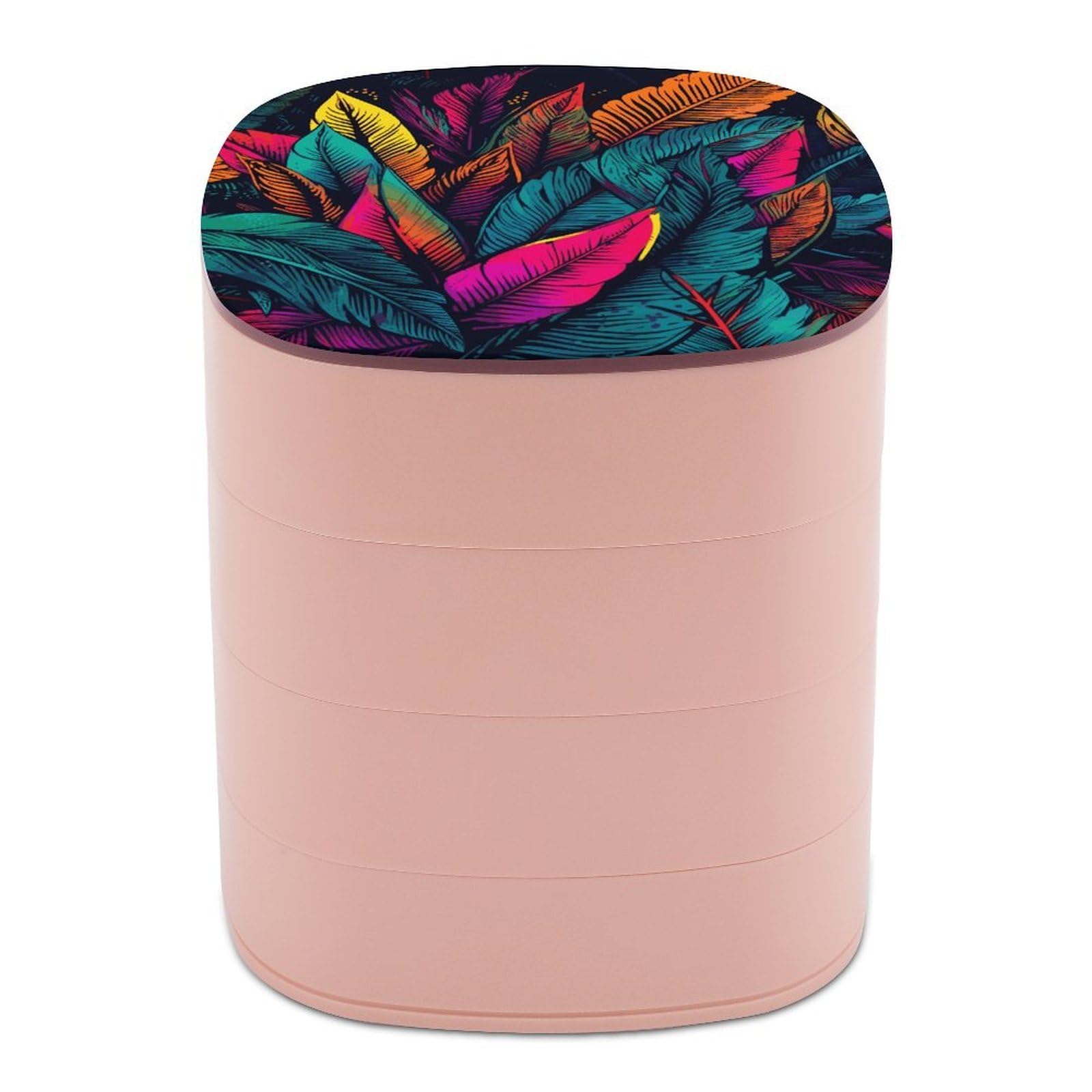 VstaDank Colorful Tropical Leaves Pattern Jewelry Organizer 4-Layer Rotating Travel Jewelry Tray Case with Lid for Bracelets Rings Bracelets Small Jewelry Storage Box Earring Holder for Women