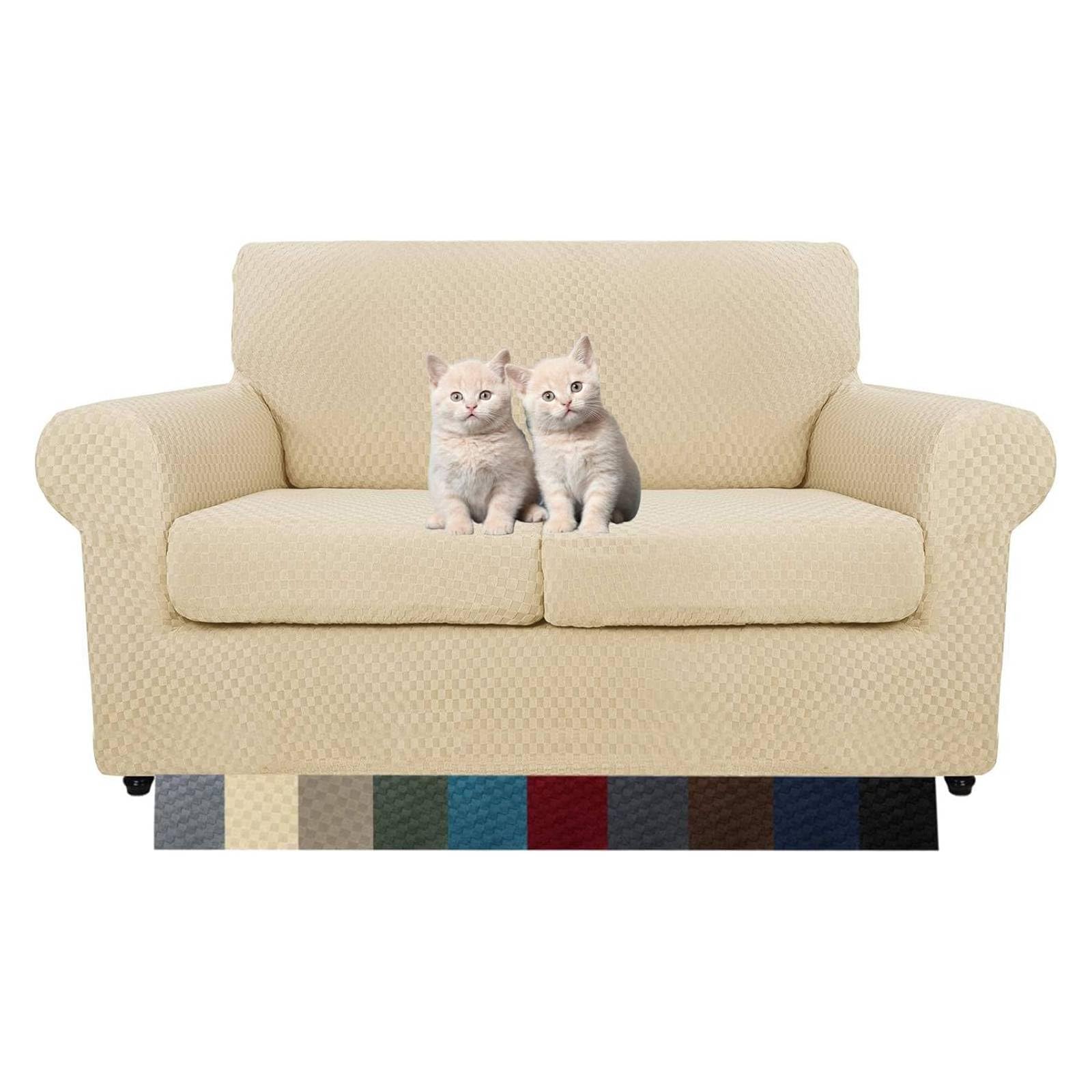 MAXIJIN Copridivano elasticizzato a 2 Posti con 2 Copricuscini, Copridivano antiscivolo a due posti con Copricuscino Separato per animali domestici, cani (2 Posto, Beige Chiaro)