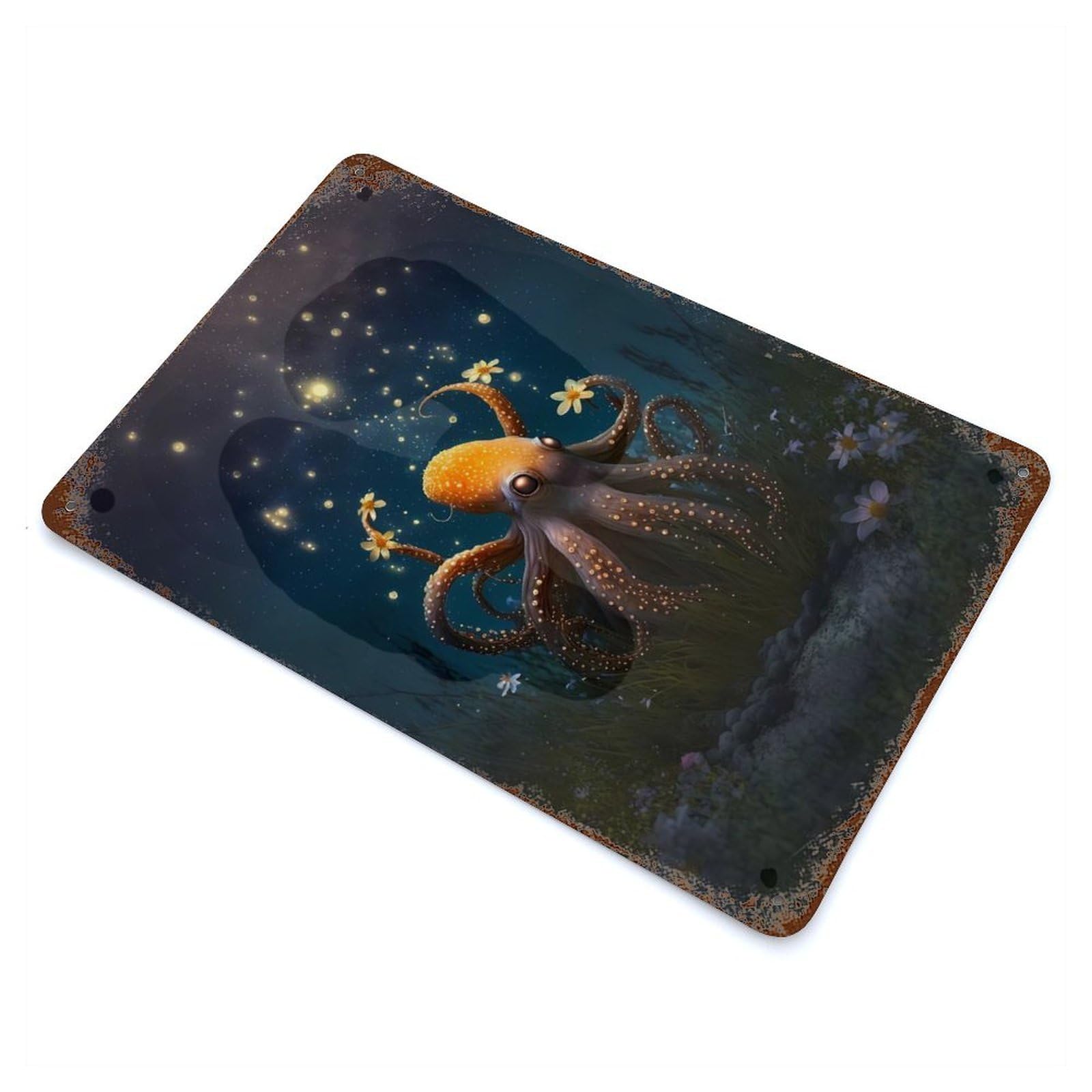 Garage Style Fantasy World Octopus Rustic Tin Plaque 11.8"x7.9", Classic Wall Plaque for Bar And Workshop
