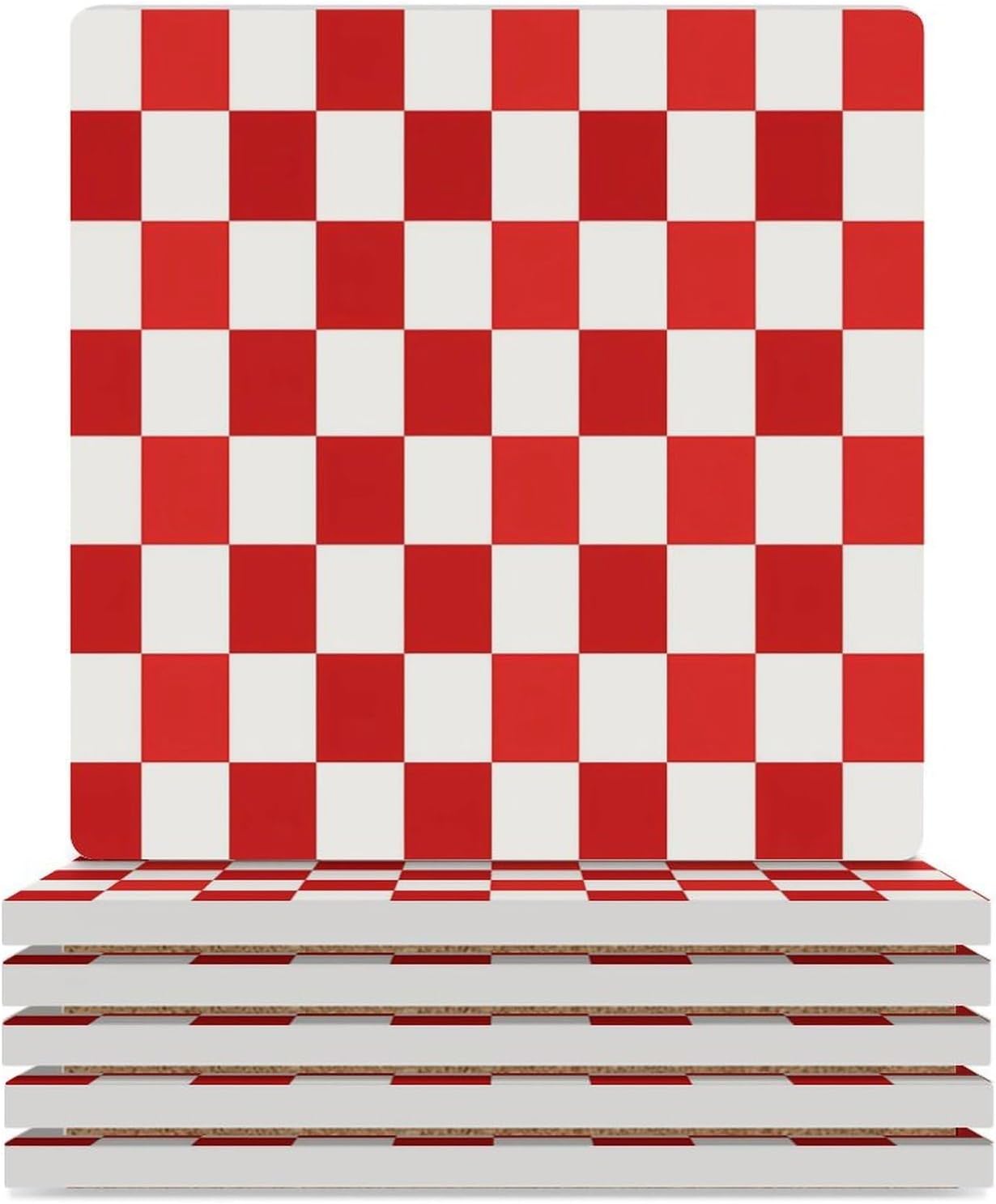 Red and White Checkered Coaster for Drinks Square Ceramic Table Coasters Stone Mat Crafts 4PCS Home Kitchen Decor