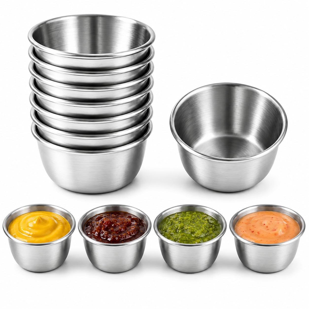 8 PCS Stainless Steel Sauce Cups 2oz Mini Dip Bowls,Small Stainless Steel Bowls for Dipping Sauce,Soy Sauce Dish,Condiment Cups,Ramekins & Seasoning Bowls,Reusable Metal Dip Bowls for Kitchen,BBQ