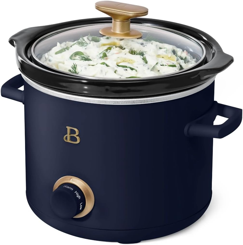 Beautiful 2 Pack Slow Cooker Crock Set- 2 Quart, with 2-Pack Scrub, White Icing and Starry Blue, Bundle