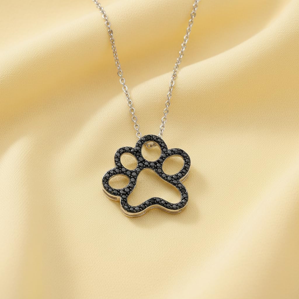 Jewelili Sterling Silver or Yellow Gold Plated Sterling Silver Dog Paw Pendant Necklace for Women | Treated Black or Natural White Round Diamonds | 18" Rolo Chain | Luxury Jewelry| Gift Box Included