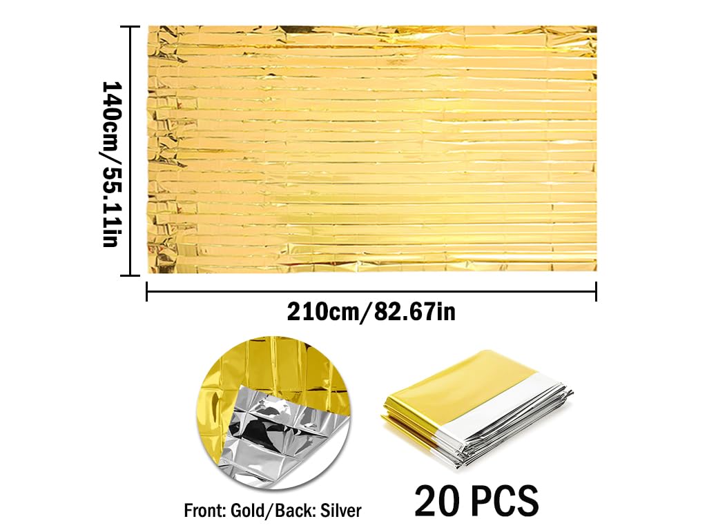20 pcs Mantas de Supervivencia de Emergencia,140 * 210cm Manta Termica Emergencia Oro Plata,Mantas Térmicas de Emergencia,Mantas de Emergencia,Manta De Rescate para Senderismo,Exteriores