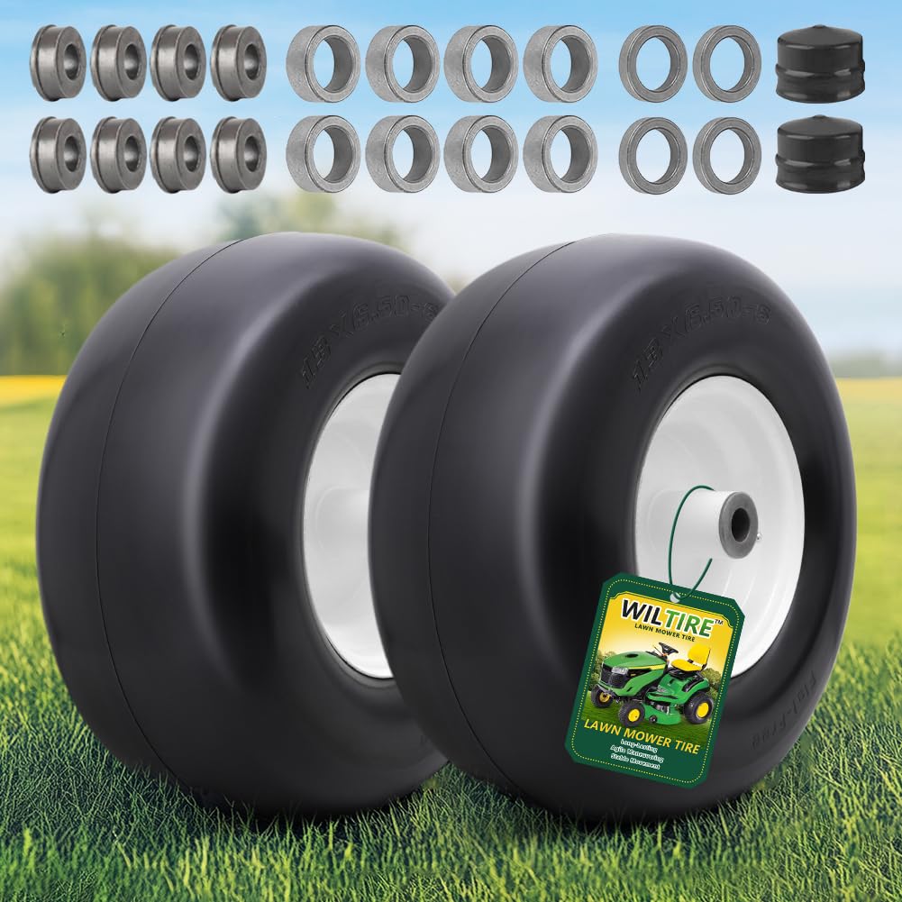 13x6.50-6 Lawn Mower Tires Flat Free Tire and Wheel with Rim, Solid Smooth Rubber for Zero-Turn Mowers, 5.5"-7.72"Centered Hub and 3/4" extra 5/8" 1/2" Bushings(White)