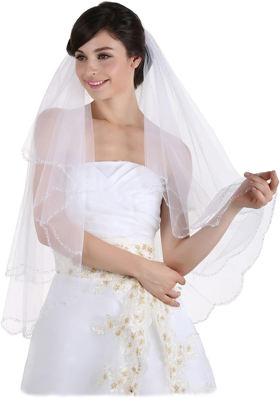 SAMKY 2T 2 Tier Beaded Scallop Edge Bridal Veil Fingertip Length 36"