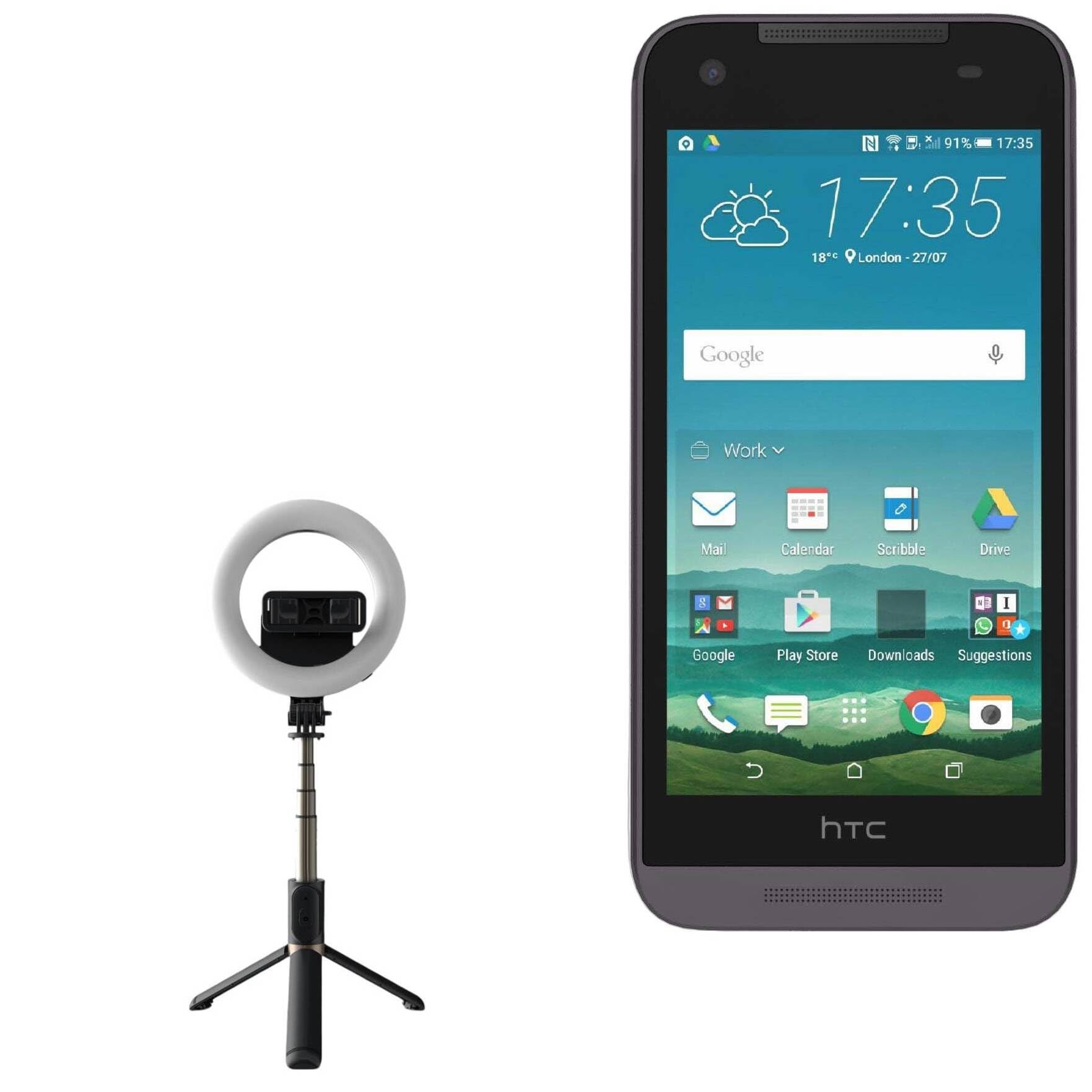 BoxWave Stand and Mount Compatible with HTC Desire 520 - RingLight SelfiePod, Selfie Stick Extendable Arm with Ring Light - Jet Black