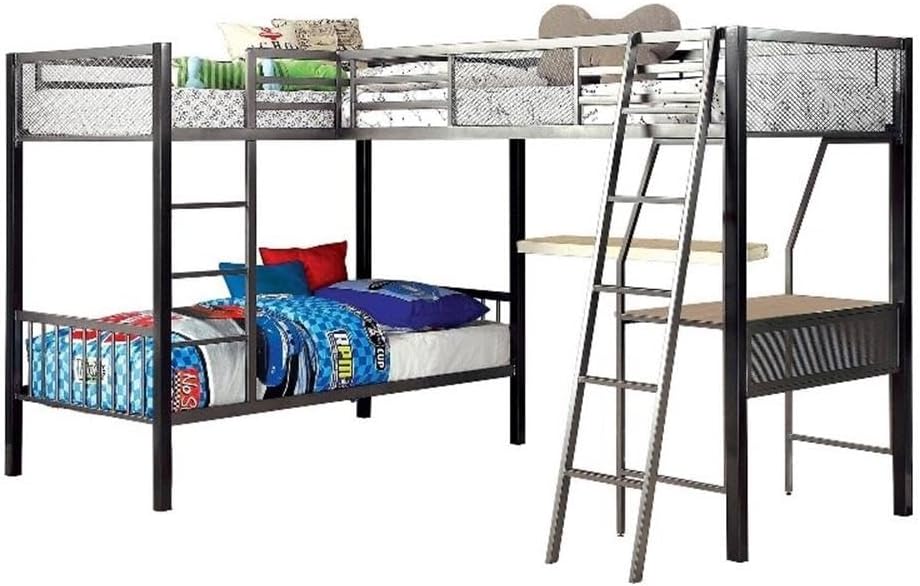 Pemberly Row Triple Twin Size Bunk Bed, Silver Metal Frame, 118.25L x 78.25W x 67.75H Inches, Room Corner Design, Attached Ladders, Built-in Desk Workstation with Shelves, Space-Saving Shared Bedroom