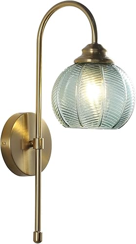 KCO Lighting - Lámpara de pared de cristal verde vintage con brazo de latón cepillado, aplique de globo grande, acabado dorado, lámparas de pared
