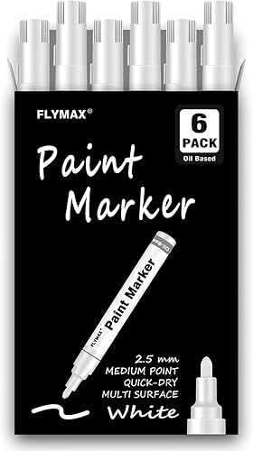 Bolígrafos de pintura blanca, paquete de 6 marcadores de pintura blanca de punta media de 0.098 in, permanentes para madera, roca, plástico, cuero,