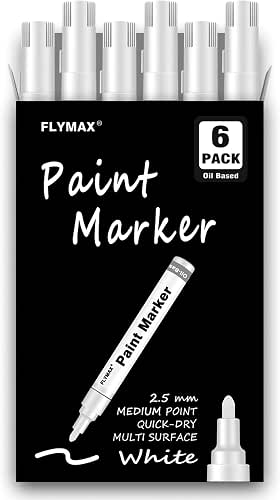 FLYMAX White Paint Pens, 6 Pack 2.5mm Medium Tip White